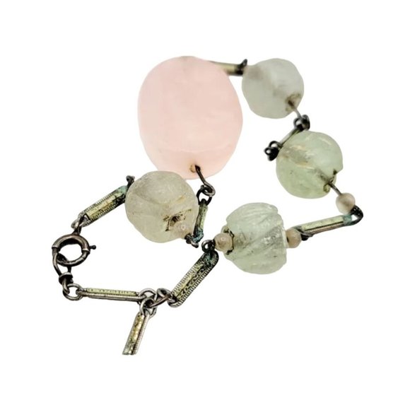 Flapper Art Deco Czech Jade Rose Quartz Enamel And Silver Bracelet (A2610) - Picture 5 of 7